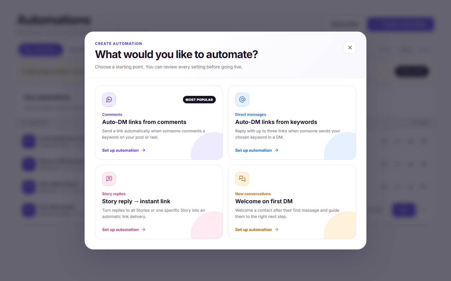 HeyTrigger automation picker showing comment, keyword, Story and first-DM options