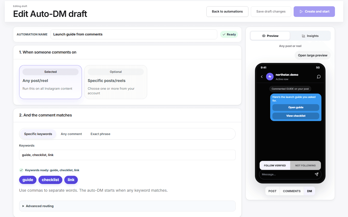 HeyTrigger automation builder configured to send a guide after an Instagram comment