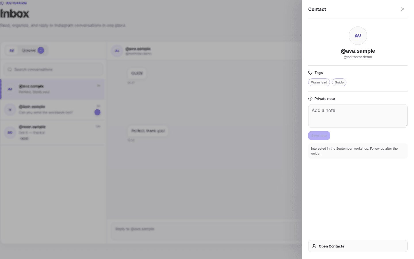 HeyTrigger Inbox with an Instagram conversation and contact details drawer