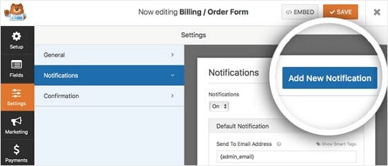 order form - Add new notification