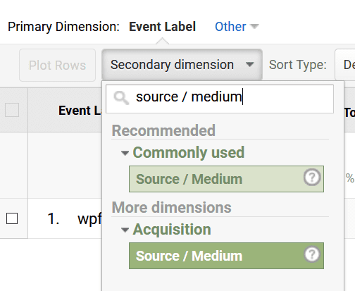 Secondary dimension dropdown