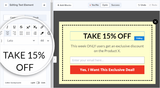 Popup sales-element editing tools